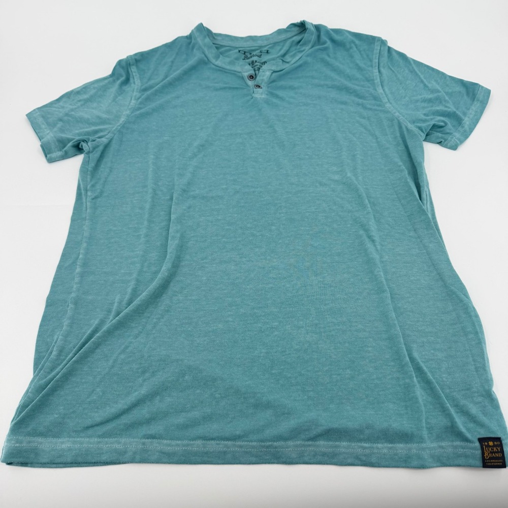 Lucky Brand Mens Venice Burnout Henley Shirt Teal Blue Short Sleeve Medium